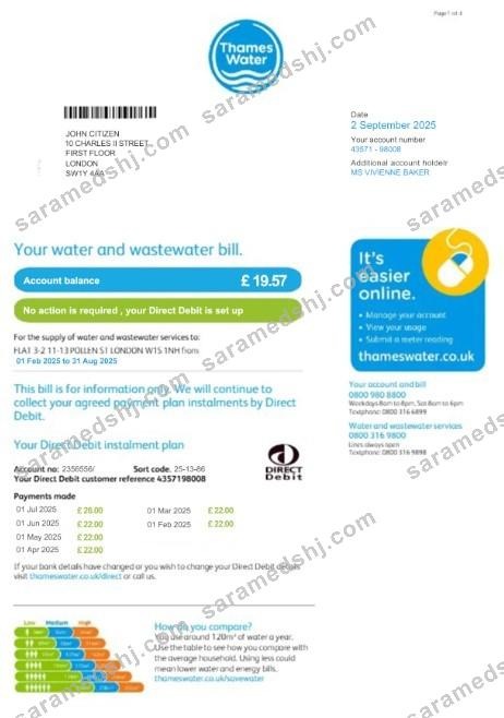 United Kingdom Thames Water utility bill template in PSD format, version 2